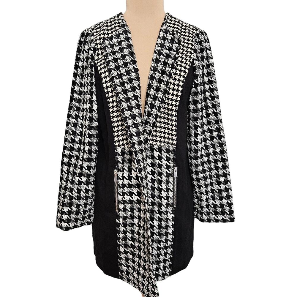 Chico's Jacket Houndstooth Black‎ White Open Longline Blazer Sz Large Pockets